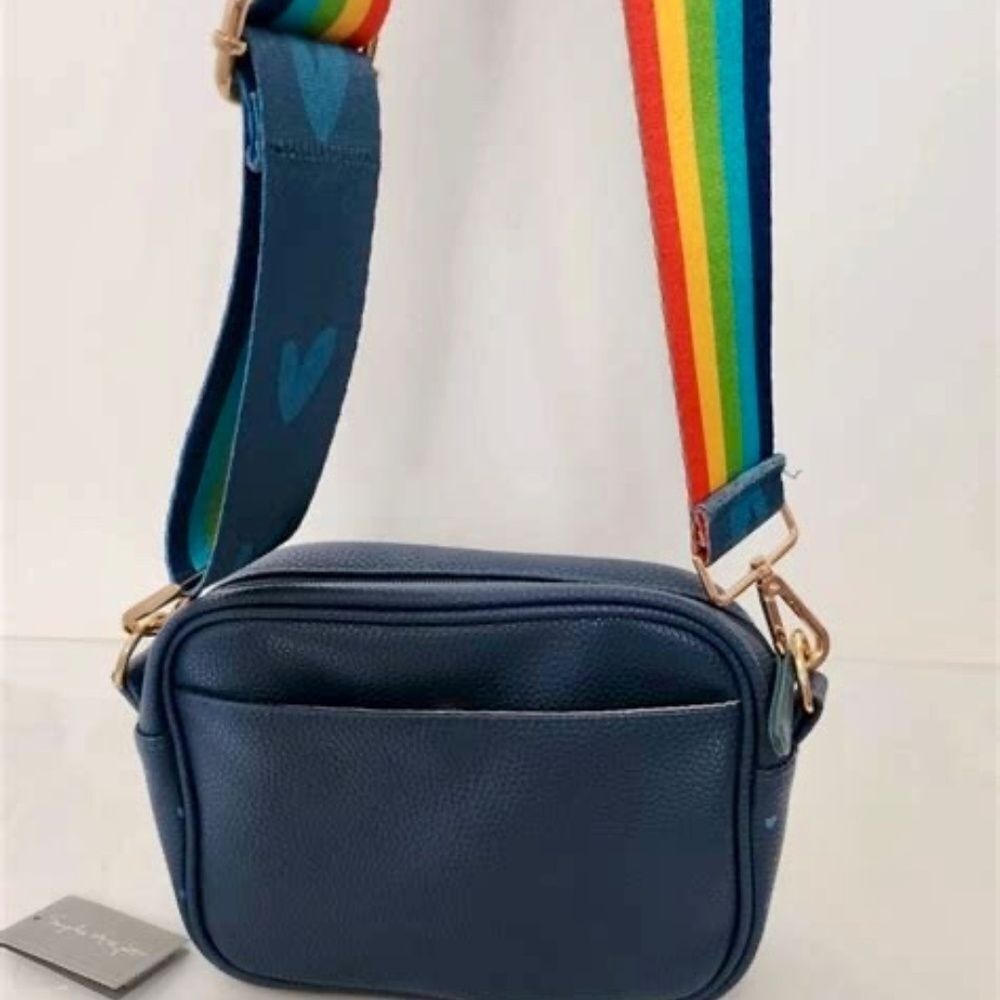 New Navy Crossbody Sophie Allport Bag w/ Hearts & Rainbow Strap.